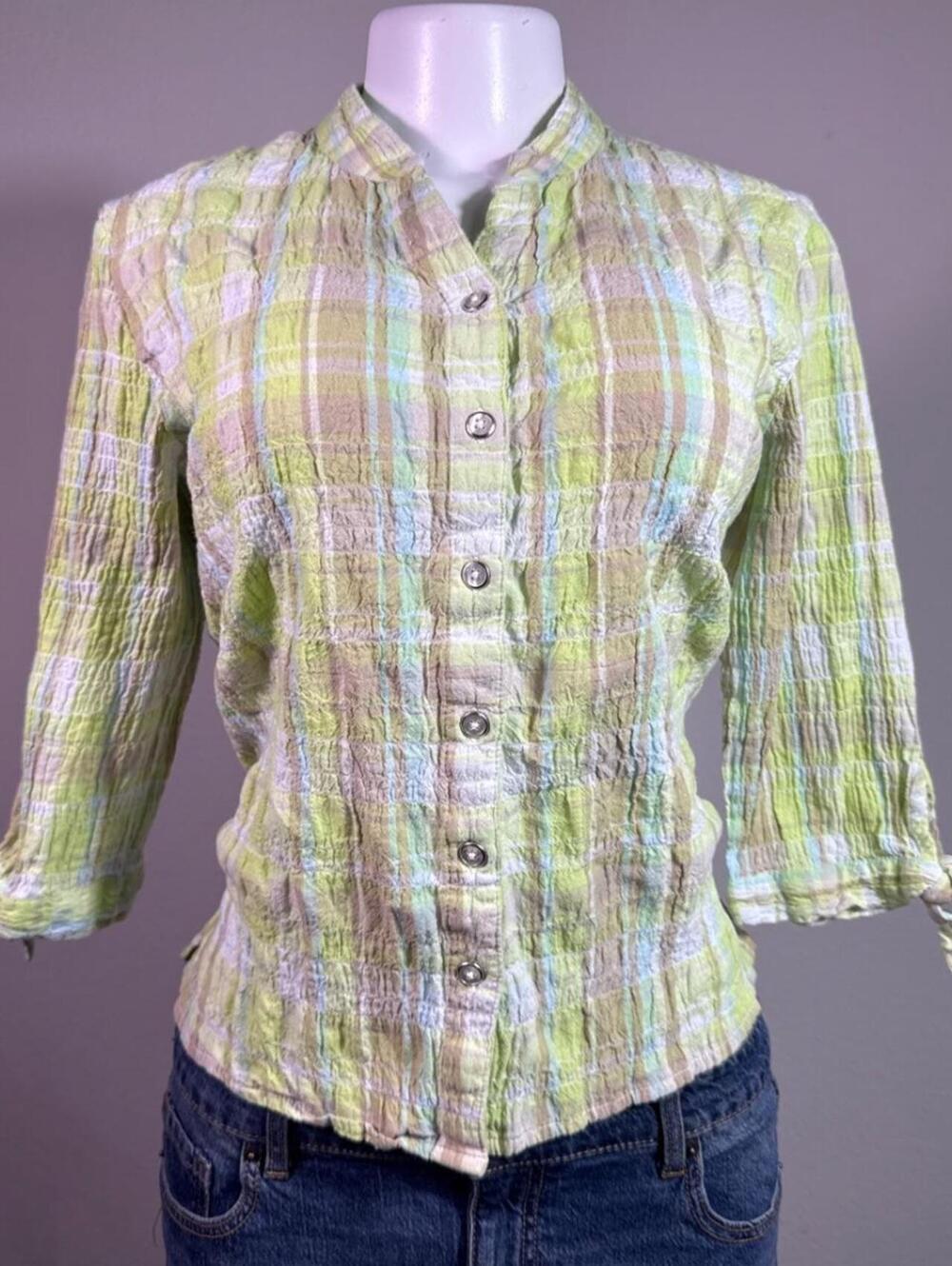 Allison Daley Petites green plaid button up blouse – Women's Used Clothing